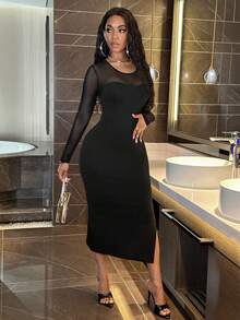 SHEIN Slayr Vestido ajustado de malla en contraste de muslo con abertura - Negro - Ver 4