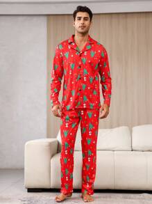 Men's Red Knitted Christmas Tree Print Pajama Set Lapel Button Front Regular Sleeve High Stretch Loungewear - Red - View 3