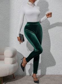 Allurite Leggings unicolor de terciopelo - Verde - Ver 3