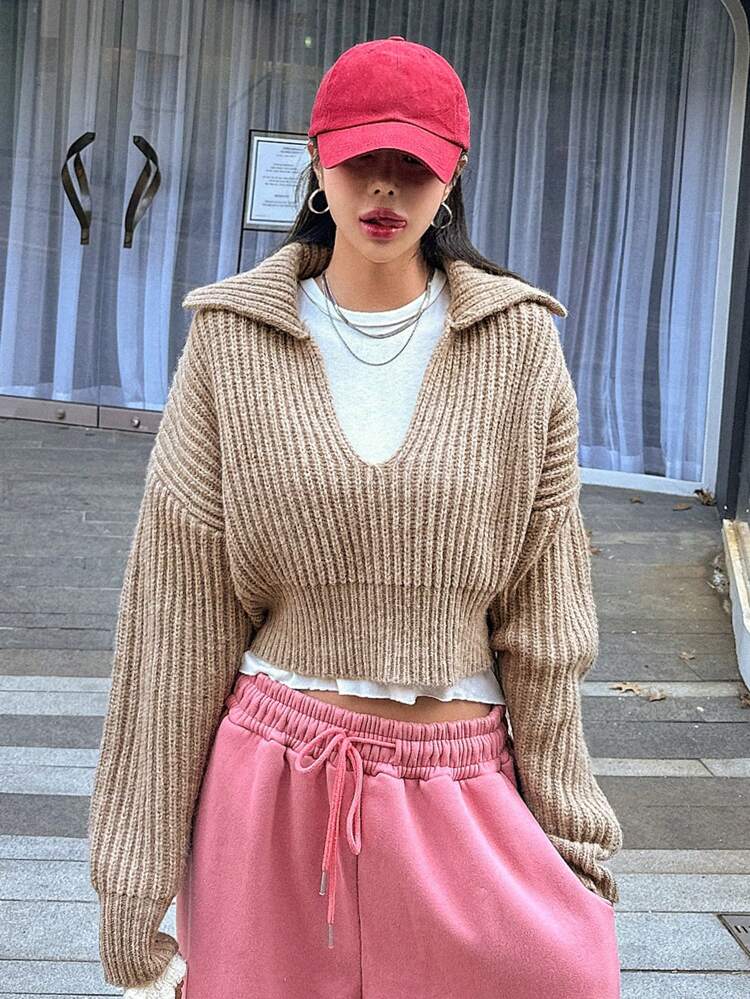 Drop Shoulder Ribbed Knit Crop Sweater Without Tee,Fall Women Clothes