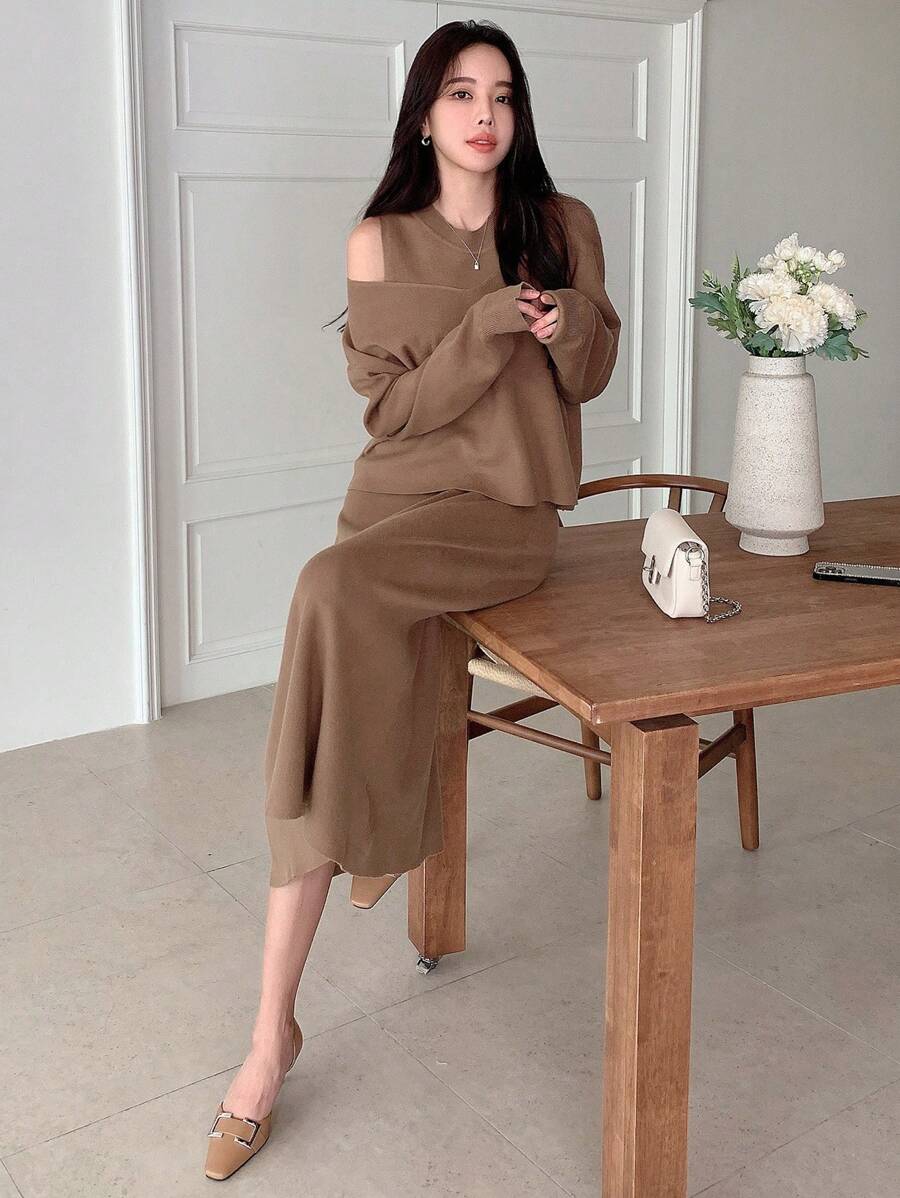 Dazy Star Chất rắn Cổ chữ V Áo len & Đan Đầm - Lạc đà - Xem 1