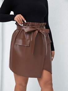 Flirla Plus Paperbag Waist Belted PU Leather Skirt - Brown - View 4