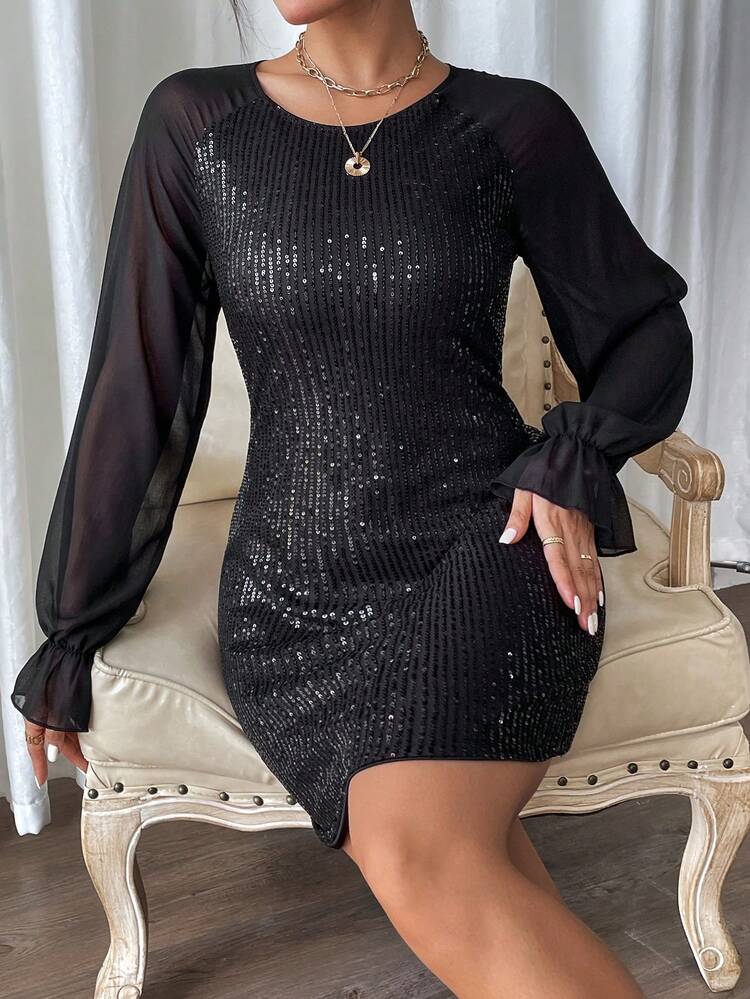 Contrast Mesh Flounce Sleeve Sequin Bodycon Dress Fall Cloth For Women