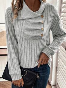 SHEIN LUNE 不對稱領落肩袖運動衫 - 灰色 - 查看 4