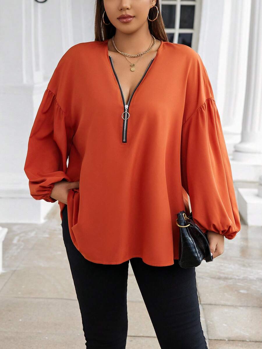 Calvaya 大碼半拉鏈燈籠袖襯衫 - 紅色 - 查看 1