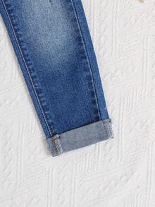 SHEIN Young Girl 1pc Ripped Patched Pocket Denim Overalls - Medium Wash - View 6