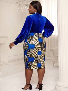 SHEIN Lady Plus Geo Print Bow Front Lantern Sleeve Velvet Dress - Multicolor - View 2