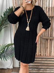 SHEIN LUNE Plus Cable Knit Drop Shoulder Sweater Dress - Black - View 5