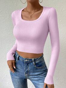 SHEIN Essnce Scoop Cổ Đồ đan Ribbed Áo len Crop - Màu tím hoa cà - Xem 4