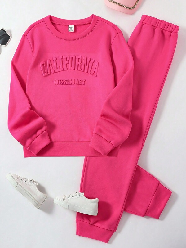 SHEIN Teen Girl Letter Embossed Sweatshirt And Sweatpants Two-Piece Set