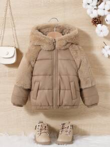 SHEIN Baby Girl Fuzzy Trim Hooded Padded Coat Without Sweater - Pink - View 4