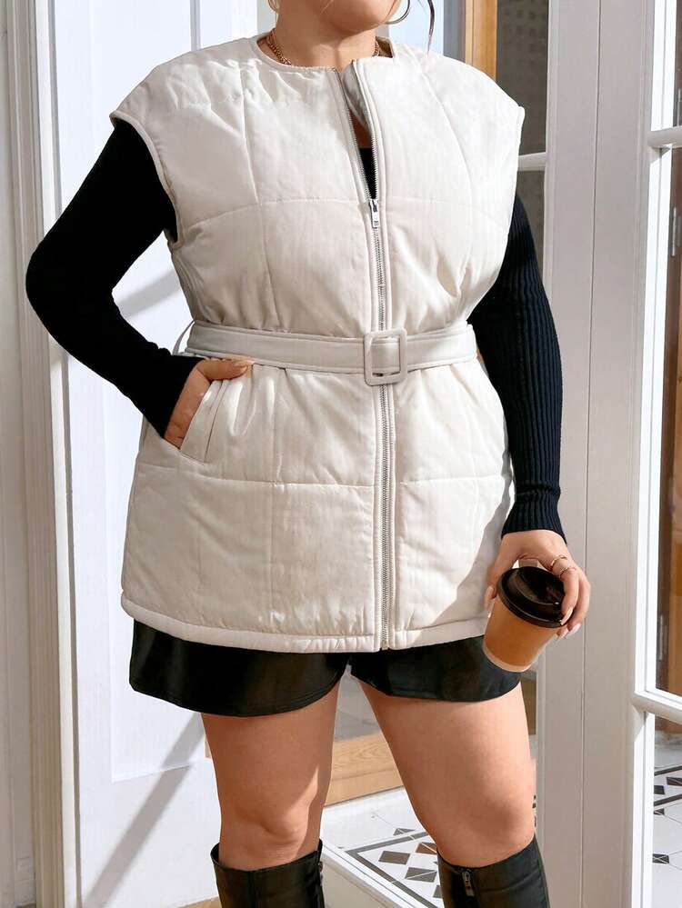 Plus Size Women's Zipper Belt Decorated Vest Winter Jacket