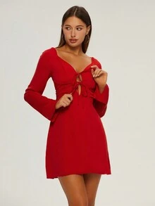 Flare Sleeve Tie Front Dress - Red - View 5