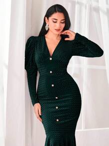 Modelyn 女裝綠色v領長袖派對連衣裙 - 青碧色 - 查看 5
