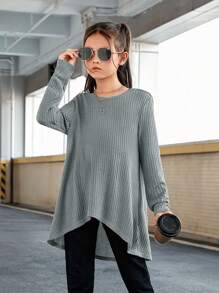 SHEIN Cô gái Tween Chất rắn Hem cao thấp Áo thun - Màu xanh Bạc hà - Xem 1