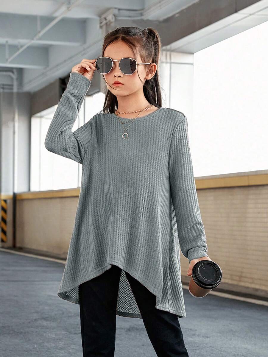 SHEIN Cô gái Tween Chất rắn Hem cao thấp Áo thun - Màu xanh Bạc hà - Xem 1