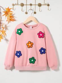 SHEIN 女大童花卉圖案植絨落肩袖加絨內裏運動衫 - 淺粉色 - 查看 1