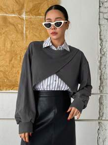 Dazy Star Solid Wrap Front Drop Shoulder Crop Sweatshirt Without Shirt