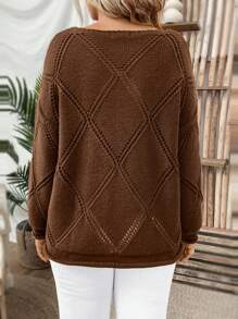 SHEIN LUNE Plus Pointelle Knit Drop Shoulder Sweater Knit Pullover Fall Winter Sweater - Khaki - View 2