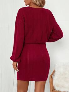 SHEIN LUNE Thả vai Nút phía trước Đồ đan Ribbed Đầm - Đỏ - Xem 2