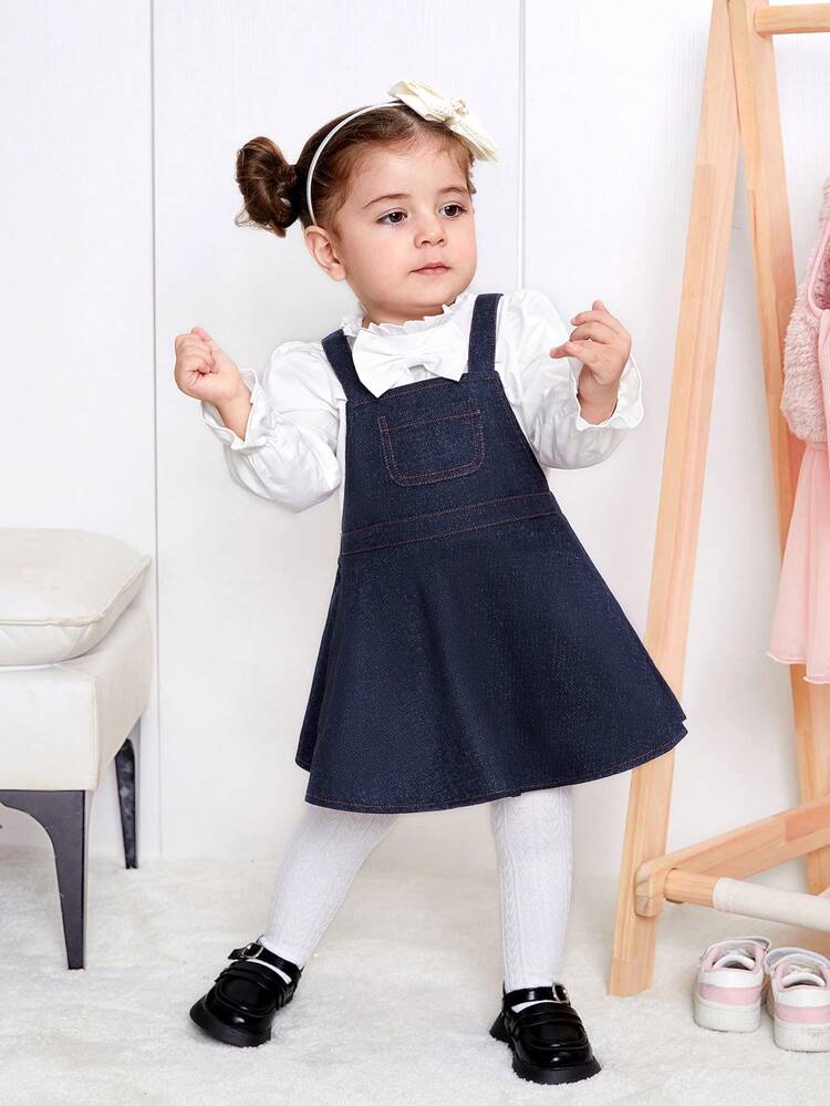 Baby Girls' Casual Denim Effect Jumper Dress With White Long Sleeve Shirt