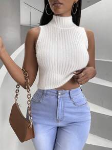 Zolique Mock Neck Ribbed Knit Sweater Vest - White - View 5