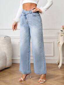 SHEIN Privé 女性高腰喇叭牛仔褲帶水洗 - 淺色水洗藍 - 查看 1