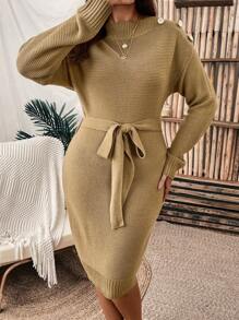 SHEIN Clasi Plus Drop Shoulder Button Detail Belted Sweater Dress - Khaki - View 3