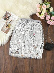 Teen Girl Sequin Decor Elastic Waist Skirt - Silver - View 1