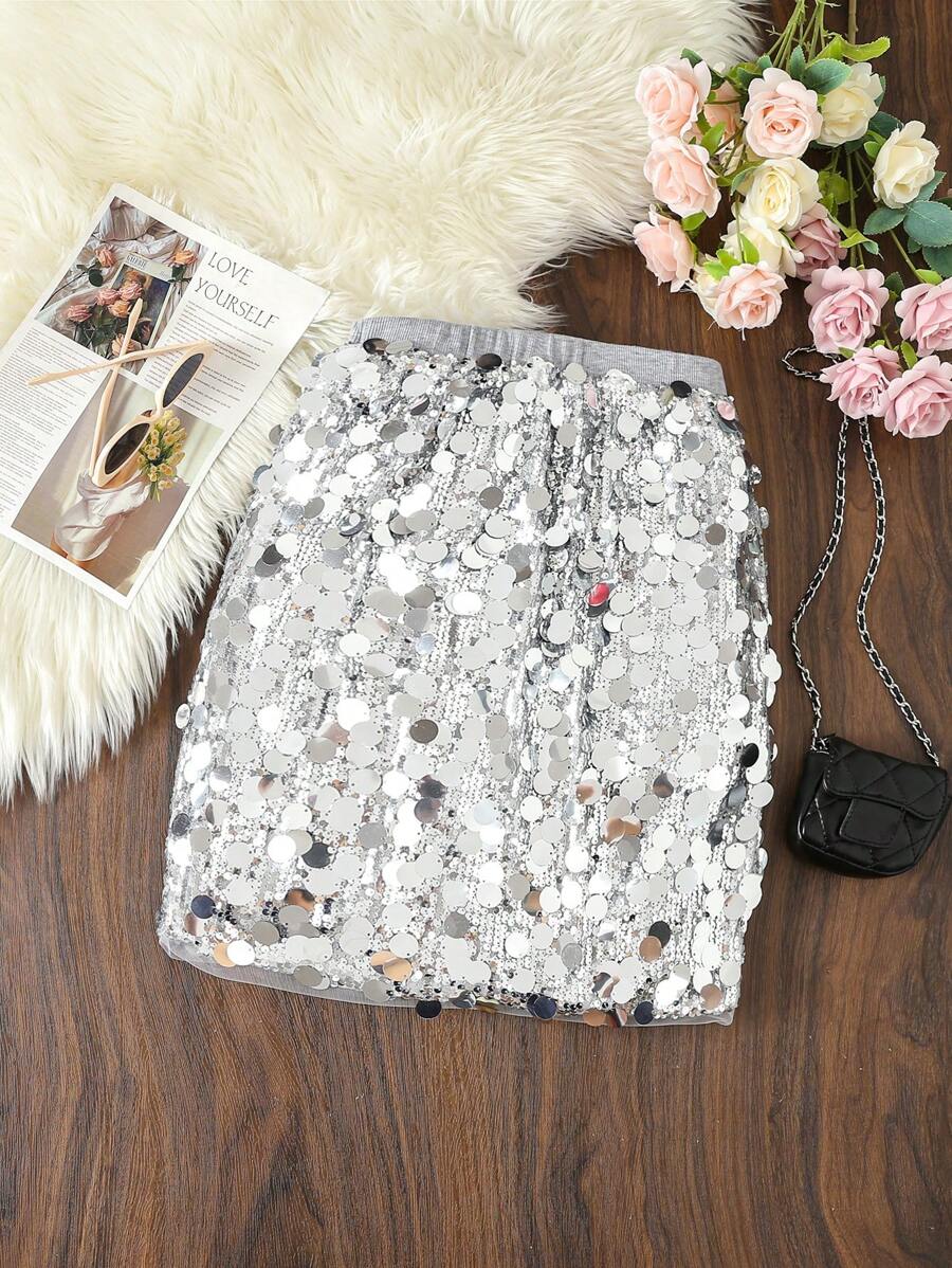 Teen Girl Sequin Decor Elastic Waist Skirt - Silver - View 1