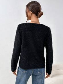 SHEIN Essnce 女性鏤空休閒T恤 - 黑色 - 查看 2