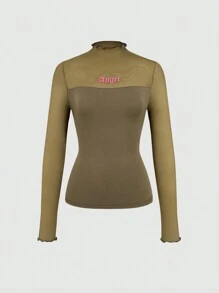 SHEIN EZwear Letter Graphic Mesh Yoke Lettuce Trim Tee - Army Green - View 1