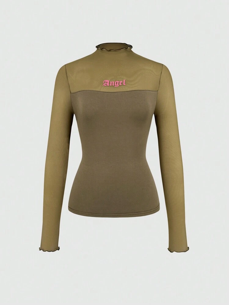 Letter Graphic Mesh Yoke Lettuce Trim Tee