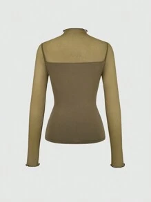 SHEIN EZwear Letter Graphic Mesh Yoke Lettuce Trim Tee - Army Green - View 2