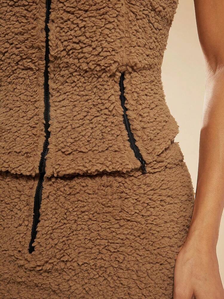 Zip Up Teddy Tube Top & Skirt Two Piece Set