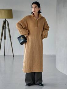 FRIFUL Half Zip Drop Shoulder Sweater Dress - Khaki - View 5