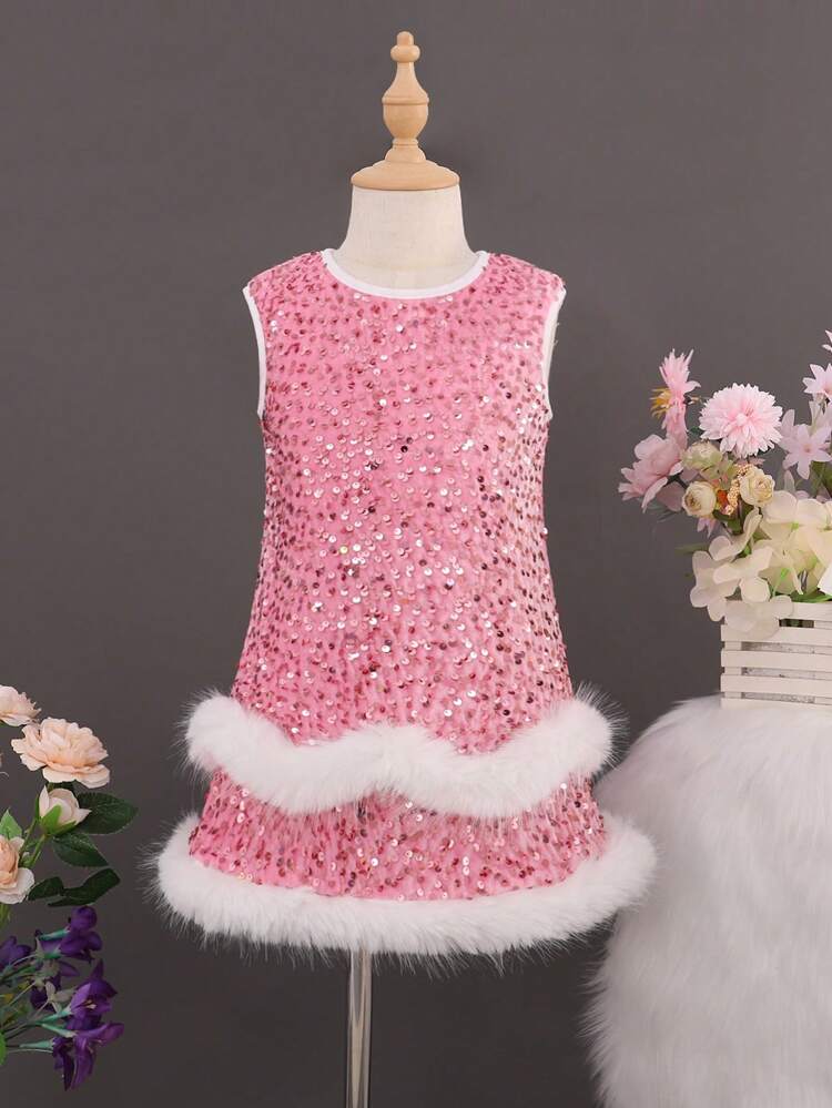 Young Girl Sequin Decor Contrast Fuzzy Trim Dress