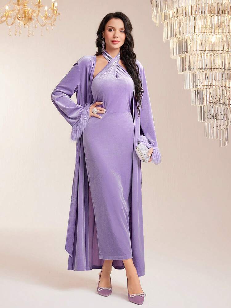 Solid Halter Dress & Fuzzy Cuff Open Front Coat