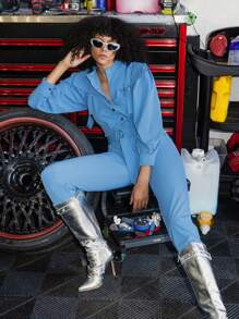 Denimoi Strap Detail Long Sleeves Button Belted Shirt Jumpsuit