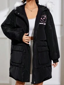 SHEIN EZwear Cartoon Pattern Hooded Padded Coat - Black - View 3