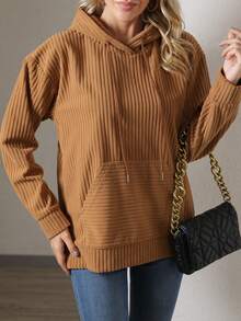 SHEIN Essnce 袋鼠口袋落肩袖抽繩連帽衫 - 棕色 - 查看 4