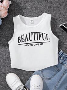 SHEIN Camiseta sin mangas de punto para niña con patrón de letra para vacaciones - Blanco - Ver 1