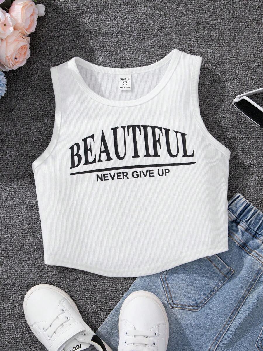 SHEIN Camiseta sin mangas de punto para niña con patrón de letra para vacaciones - Blanco - Ver 1