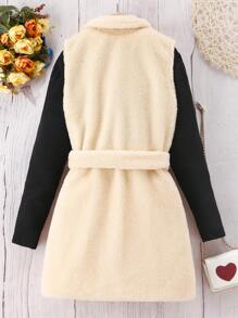 SHEIN Tween Girl Solid Belted Vest Coat & Mock Neck Tee - Black - View 2