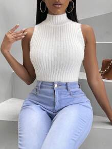 Zolique Mock Neck Ribbed Knit Sweater Vest - White - View 3