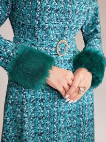 Modelyn Allover Print Fuzzy Cuff Pleated Hem Belted Dress - Multicolor - View 4