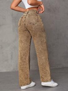 SHEIN ICON 多口袋水洗直筒牛仔褲 - 咖啡棕 - 查看 2