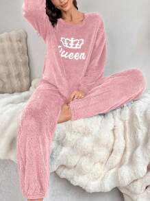 Letter Embroidery Drop Shoulder Flannel Top & Pants Lounge Set Cozy Outfit, Fall Winter Clothes, Fluffy - Pink - View 3