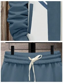 Men Striped Print Zip Up Drawstring Hoodie & Sweatpants Without Tee - Blue - View 3