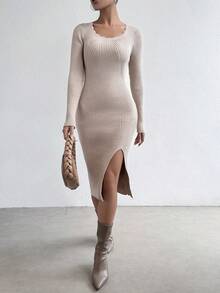 Chiquease Vestido de punto tejido de canalé de muslo con abertura - Albaricoque - Ver 3